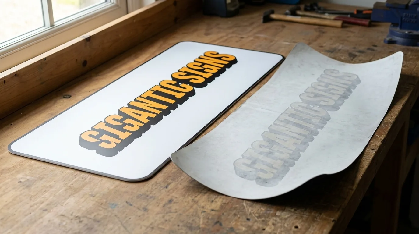 A new vibrant amber-orange Gigantic Signs magnetic car sign beside an old sun-faded curled-corner magnet of the same design on a workshop bench -- gigantic signs adelaide