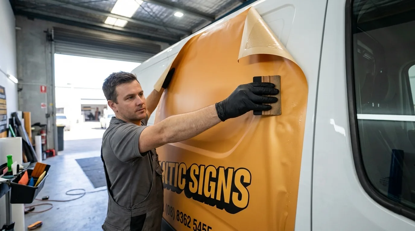 Sign installer squeegeeing an amber-orange printed vehicle wrap onto a white van panel in the workshop -- gigantic signs adelaide
