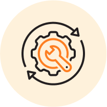 Icon showing gear and arrows representing signage production workflow