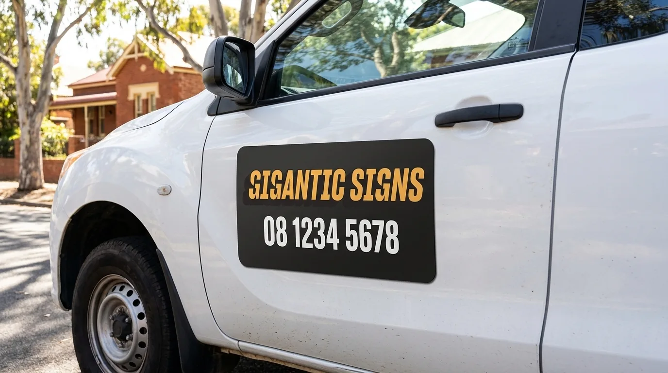 large matte black magnetic sign with Gigantic Signs branding and phone number on a white ute door - gigantic signs adelaide