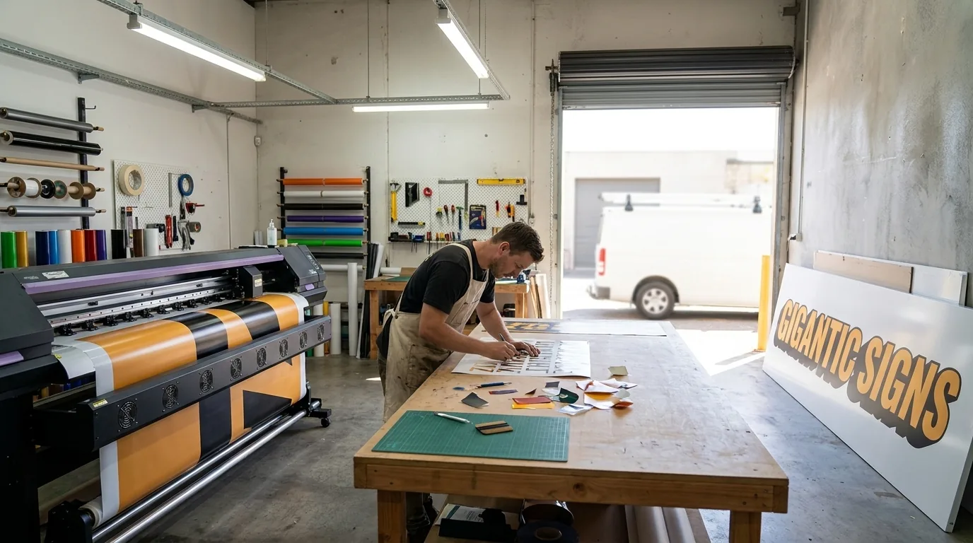 sign writer weeding cut vinyl beside a large-format printer in the Gigantic Signs Kent Town workshop, finished fascia sign ready for install -- gigantic signs adelaide