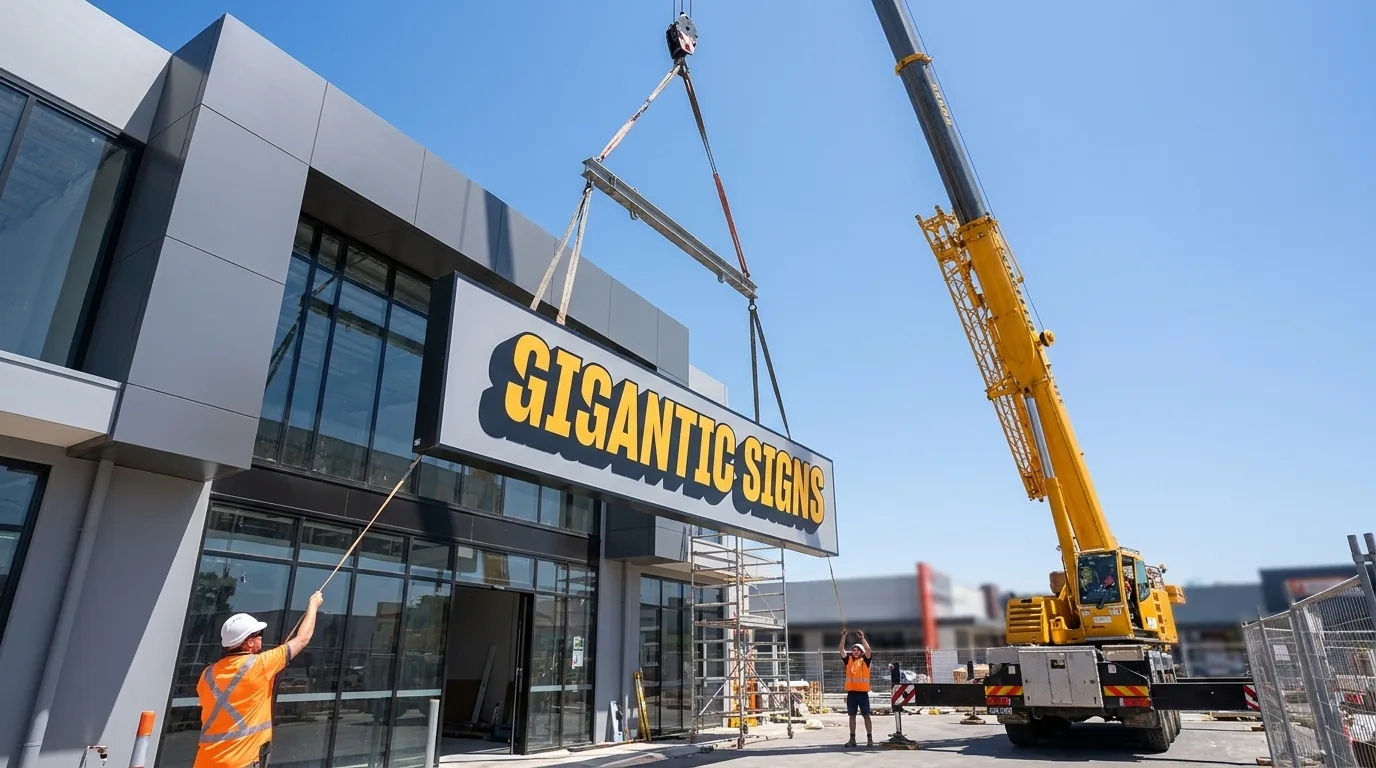 mobile crane lifting a large illuminated gigantic signs fascia sign onto a new adelaide commercial building facade as riggers guide it -- gigantic signs adelaide